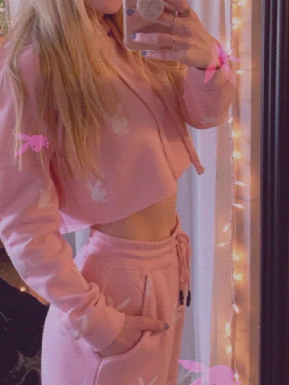 PLAYBOY Pink Cropped Hoodie and Drawstring Joggers Set